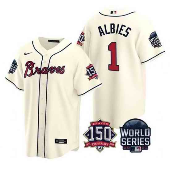 Men Atlanta Braves 1 Ozzie Albies 2021 Cream World Series With 150th Anniversary Patch Cool Base Stitched Jersey